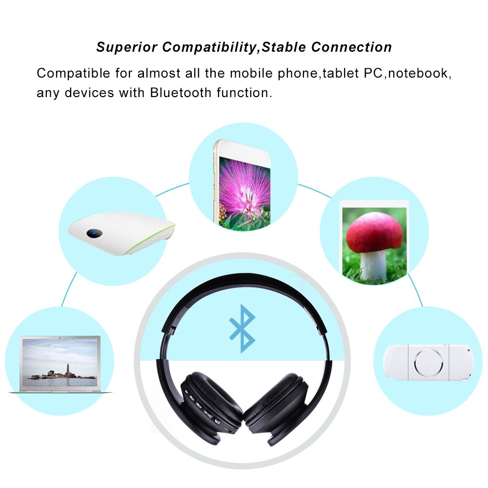 Cuffie Bluetooth LOBKIN Auricolari Stereo con Microfono Bluetooth 4.1 Pieghevole Over-Ear Senza Fili Cuffie con Microfono Ricaricabile Riduzione del Rumore Interno Supporto SD/TF Card (black)