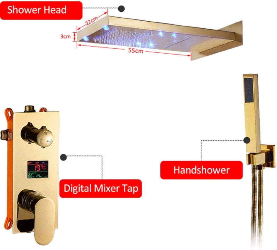 llwannr Shower Set Gold Digital Shower Faucets Set LED Rain Waterfall Shower Head 3-Way Digital Display Mixer Tap Concealed Bathroom Shower,Full Set