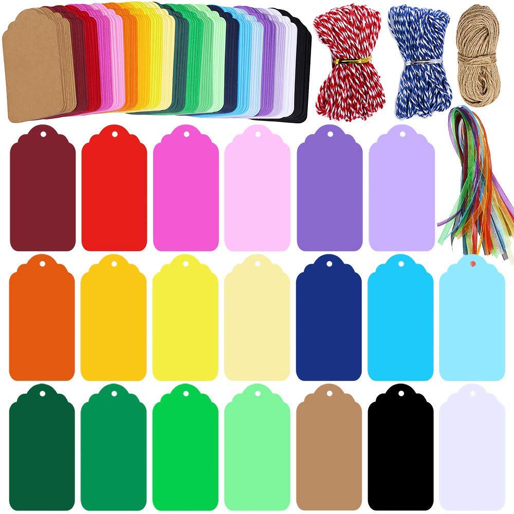 LATERN 200Pcs Gift Tags with Hole, 20 Colors Kraft Paper Hang Tags Sign with 4 Roll String, Rectangle Hanging Tag for Christmas Presents Wedding Party Favors DIY Xmas Holiday