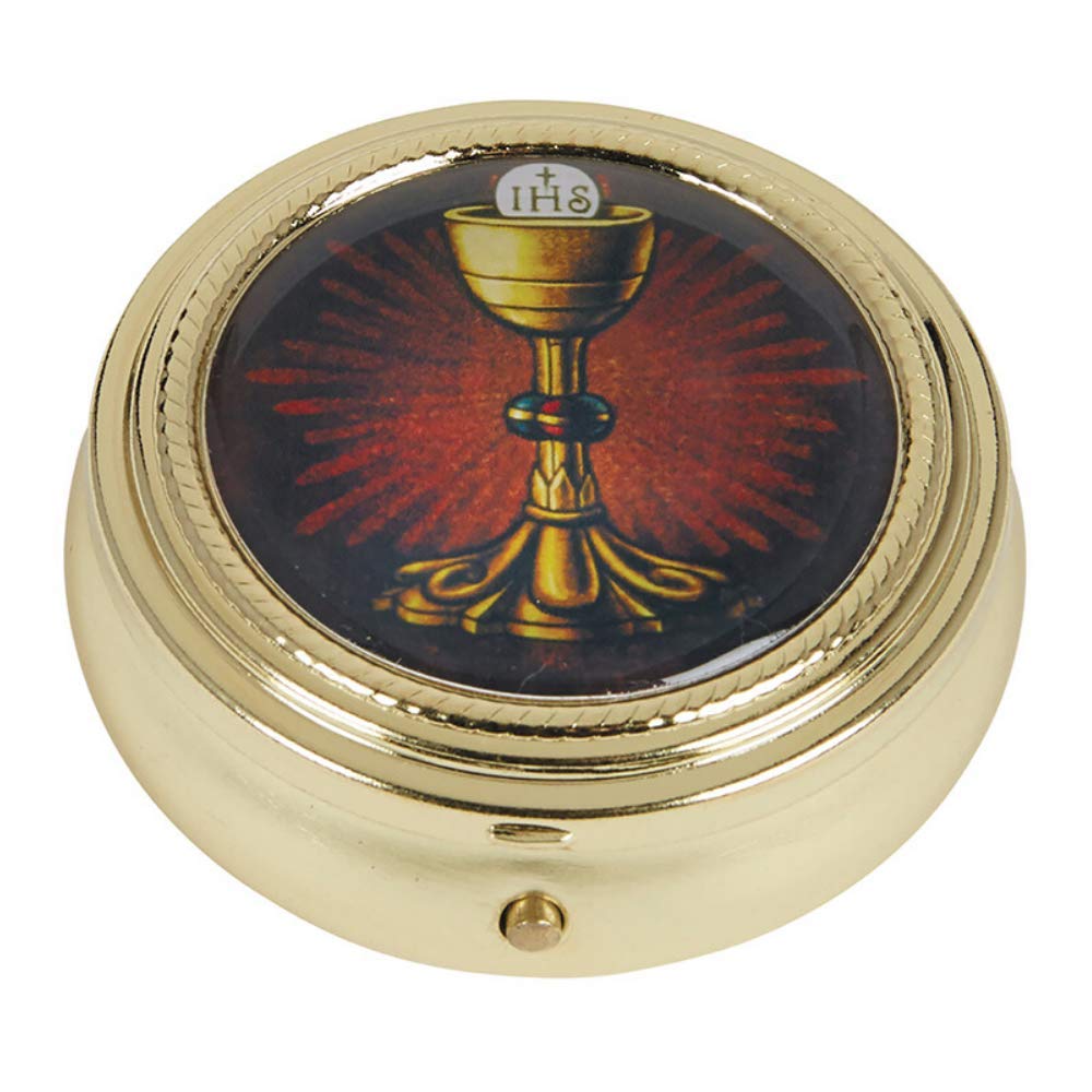Catholic Pyx Case Gold Tone IHS Chalice and Host Communion PYX with Epoxy Lid, 2 1/4 Inch