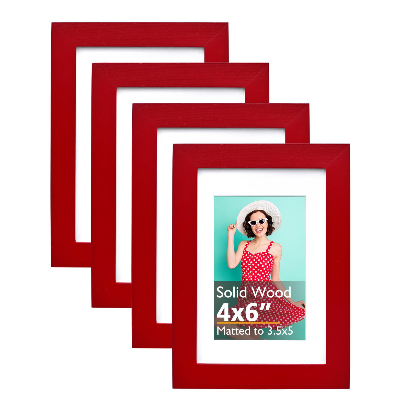 Photo 1 of KINLINK 4x6 Frame Red, Solid Wood 4 x 6 Picture Frame with Acrylic Plexiglass for 3.5x5 with Mat, Tabletop and Wall Display Photo Frames 4x6 Red, 4 Pack