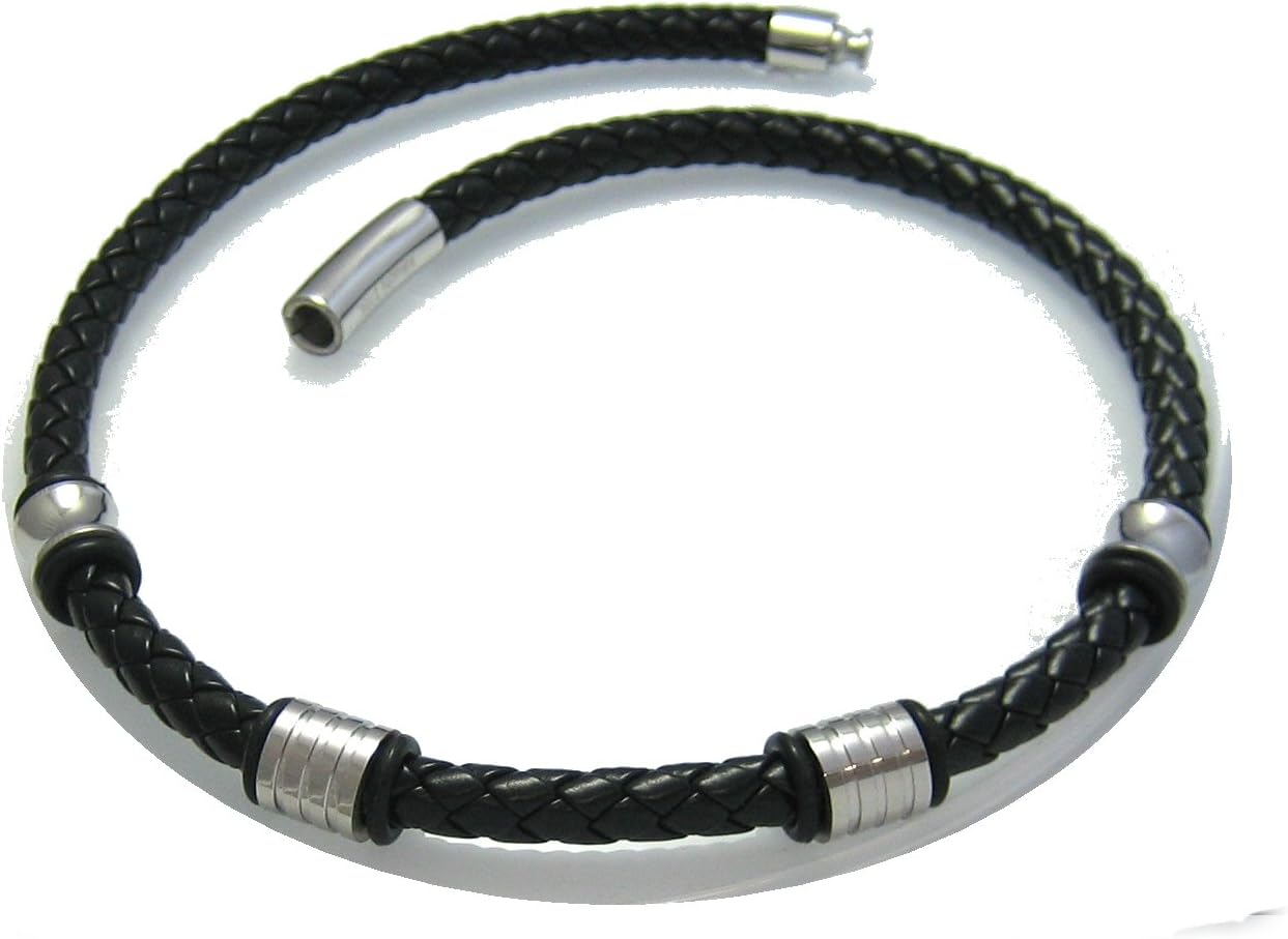 Kikuchi HA15104 Men's Leather Collar Necklace Braided Black 4 x Stainless Steel Beads 46 cm