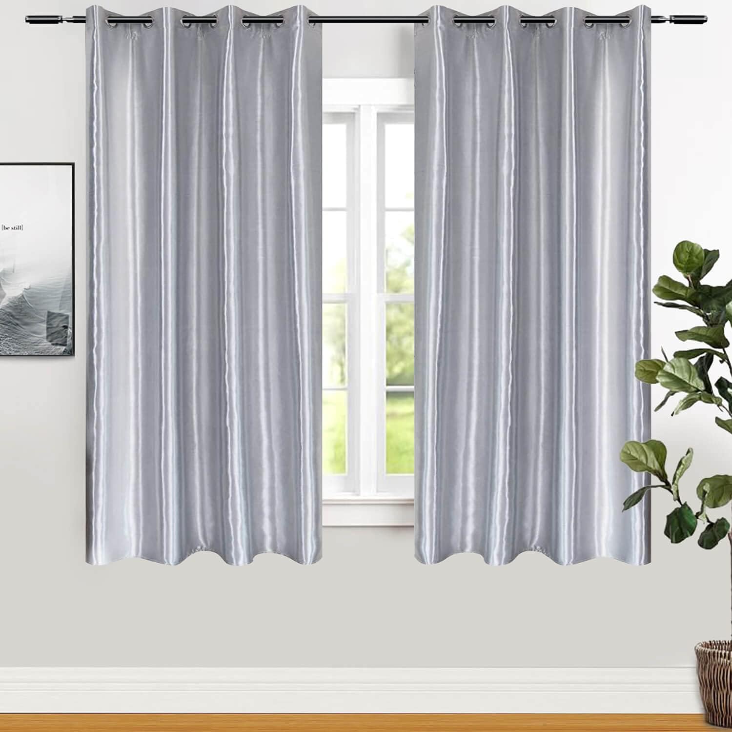 Outdoor Curtains - WUBODTI Silver Curtains 69 Inch Length Gray Metallic Sparkle Faux Silk Satin Room Darkening Drapes 1 Panel, Thermal Insulated Grommet Shiny Small Curtains for Bedroom Bathroom Kitchen, 55
