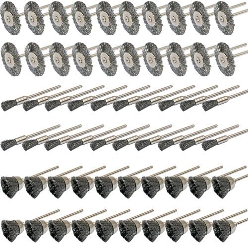 PHYHOO 3mm Steel Cleaning Wire Brushes Wheel Cup Brush Polishing Attachment Kit for Dremel Die Grinder Rotary Tools 60 Pcs