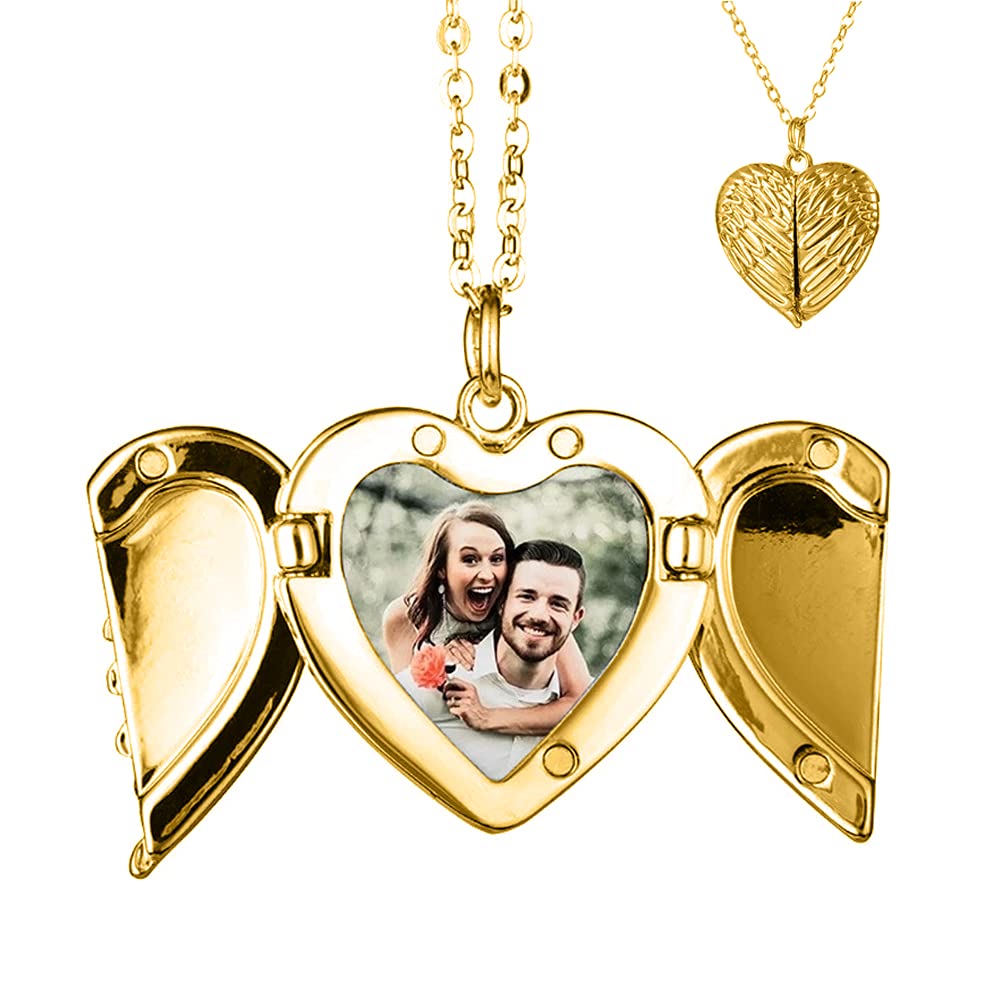 TOFBS Gold Angel Wing Heart Locket Necklace for Women & Girls, Personalized Photo Image Memory Pendant, 45cm Chain