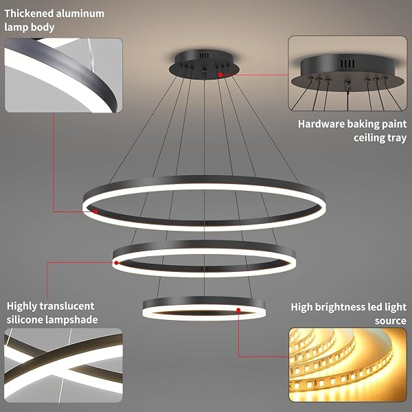 MATVEN MODERN CEILING CHANDELIER LIGHT, ACRYLIC ANTI-FLICKER BLACK PENDANT LIGHT FIXTURES WITH REMOTE CONTROL DIMMABLE 3 COLOR MODE & BRIGHTNESS ISLAND LIGHTS FOR KITCHEN DINING ROOM
