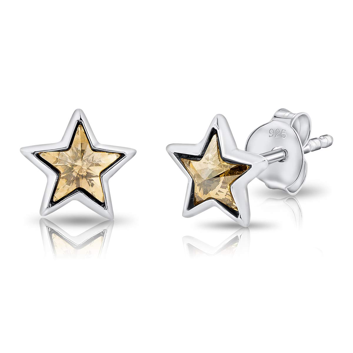 DTPsilver® Small 925 Sterling Silver and Crystal Star Stud Earrings - Diameter: 7 mm - Golden Shadow