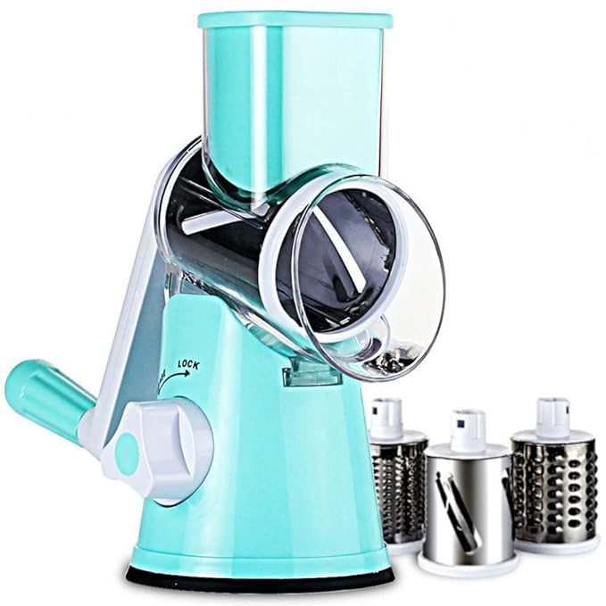 vpuquuz Multifunktionale manuelle Gemüse Käse Cutter Runde Mandoline Slicer rotierenden Trommel Reibe Küchenzubehör 3 Klingen