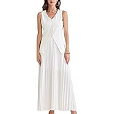 Allegra K Women's 2 Piece Summer Outfits V Neck Sleeveless Button Vest Maxi Pleated Skirts Set