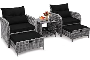 FYRICKYLINOO 5 Pieces PE Wicker Outdoor Chairs with Ottoman, 5 PCS Rattan Patio Furniture Chairs with Pull Out Ottoman & Side Table for Porch Balcony Sunroom, Black