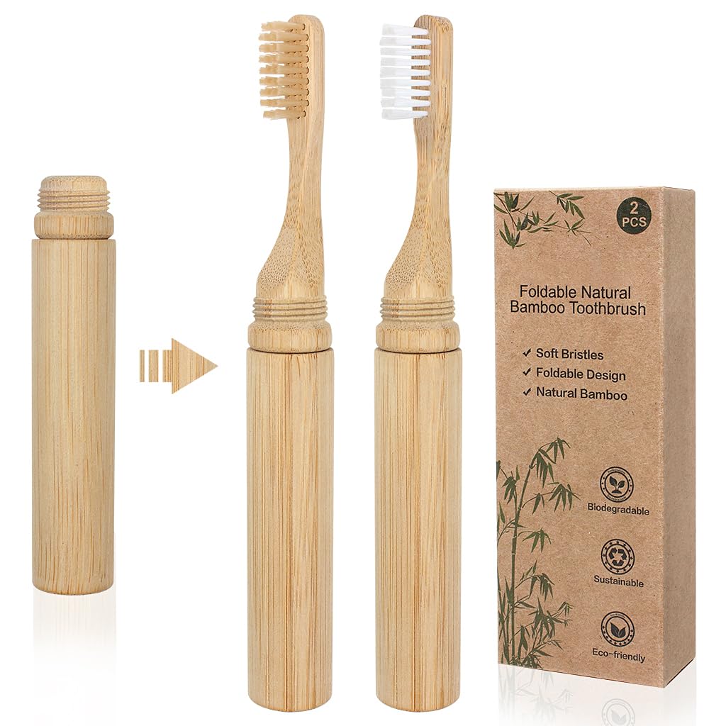 SWKJ Portable Bamboo Toothbrushes, 2 Pcs Organic Natural Folding Bamboo Toothbrush with Soft Bristle, Eco-Friendly Toothbrush for Home, School, Business Trip, Travel, Camping