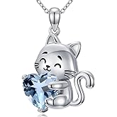 FYBIOD Cat Necklace for Women with Birthstone 925 Sterling Silver Cute Cat Pendant with 12 Birthstone Jewelry Gift Birthday Gift for Her