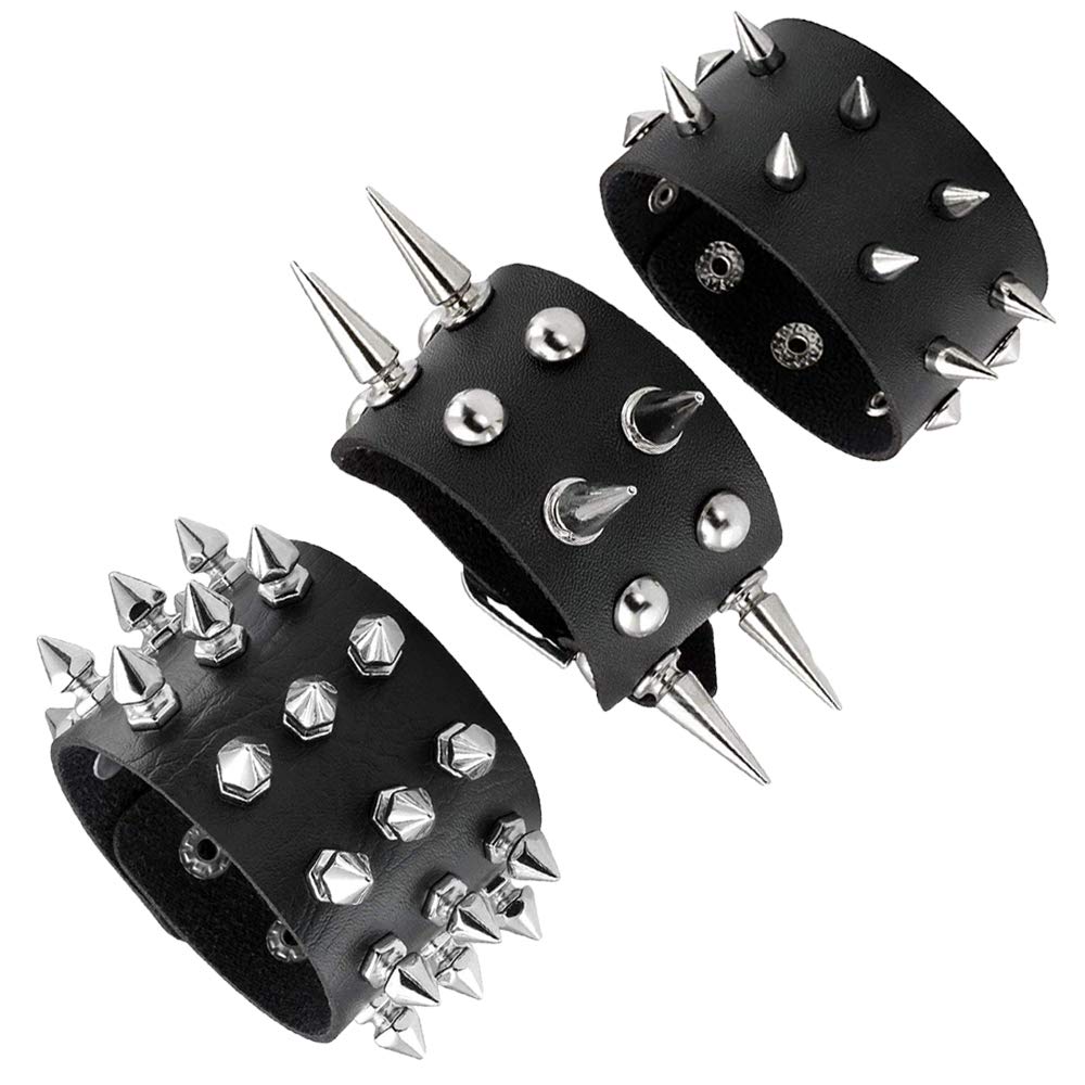 TURTLEDOVE Spike Rivets Cuff Bangle - Goth Black Leather Bracelet