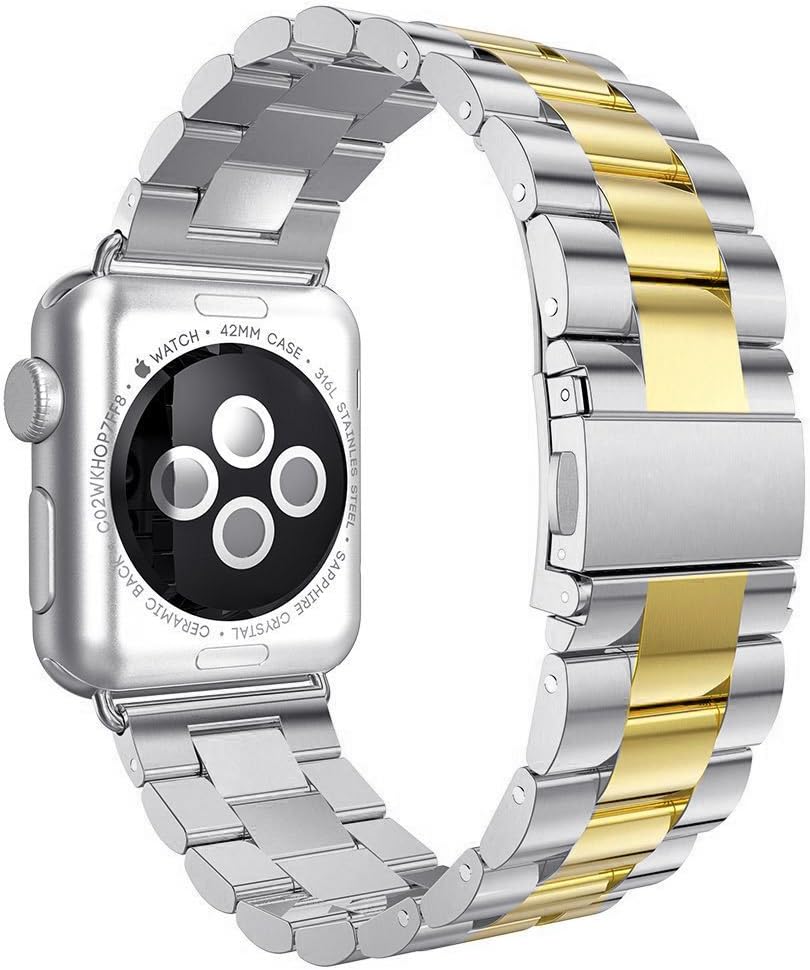 Shengbiao Compatible with Apple Watch Band 42mm 44mm,Stainless Steel Men iWatch Wristband Metal Strap Replacement Link Bracelet for Apple Watch Series 4 3 2 1 (42/44mm Silver/Gold)