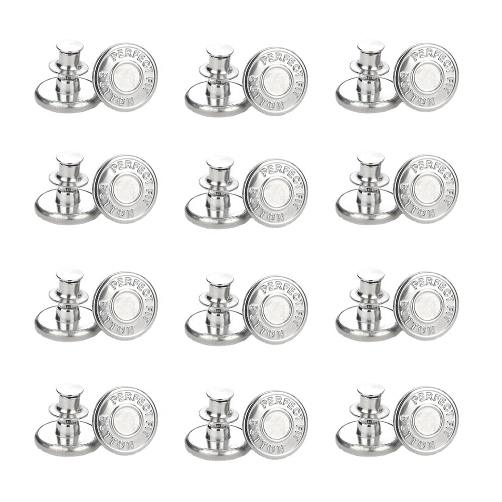 12 Sets Adjustable No-Sew Jean Button Pins Reusable Pants Button Replacement Clips and Tighteners for Jeans