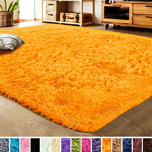 LOCHAS Luxury Velvet Living Room Carpet Bedroom Rugs, Fluffy, Super Soft Cozy, Bright Color, High Pile, Floor Area Rugs for Girls Room, Kids, Nursery and Baby (5.3x7.5 Feet, Orange)