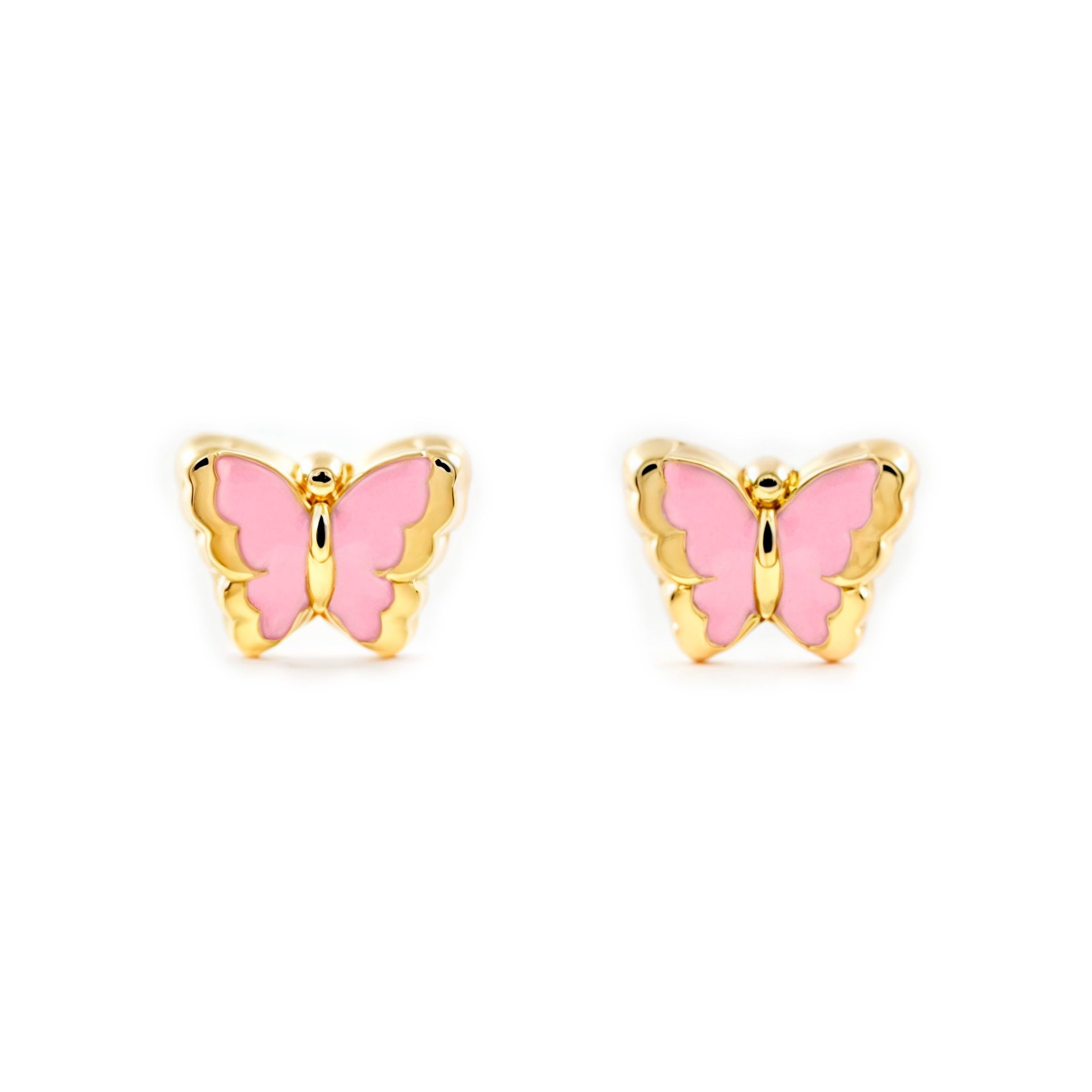 Mondepetit - 9ct Yellow Gold Light Pink Enamel Butterfly Children's Baby Girls Earrings shine
