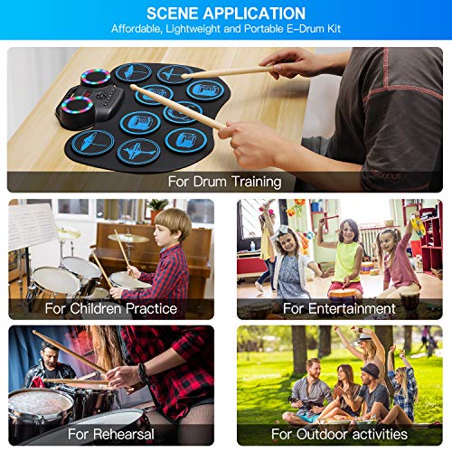 Electronic Drum Pad Multicolor LED Digital Display Hand Roll-Up Drum Kit 9 Silicon Durm Pad Built-In Stereo Speaker Bluetooth, MIDI, for Kids Beginners - Uverbon