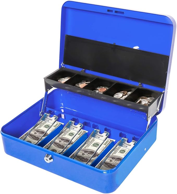 Jssmst Locking Large Metal Cash Box with Money Tray,Lock Box (Blue