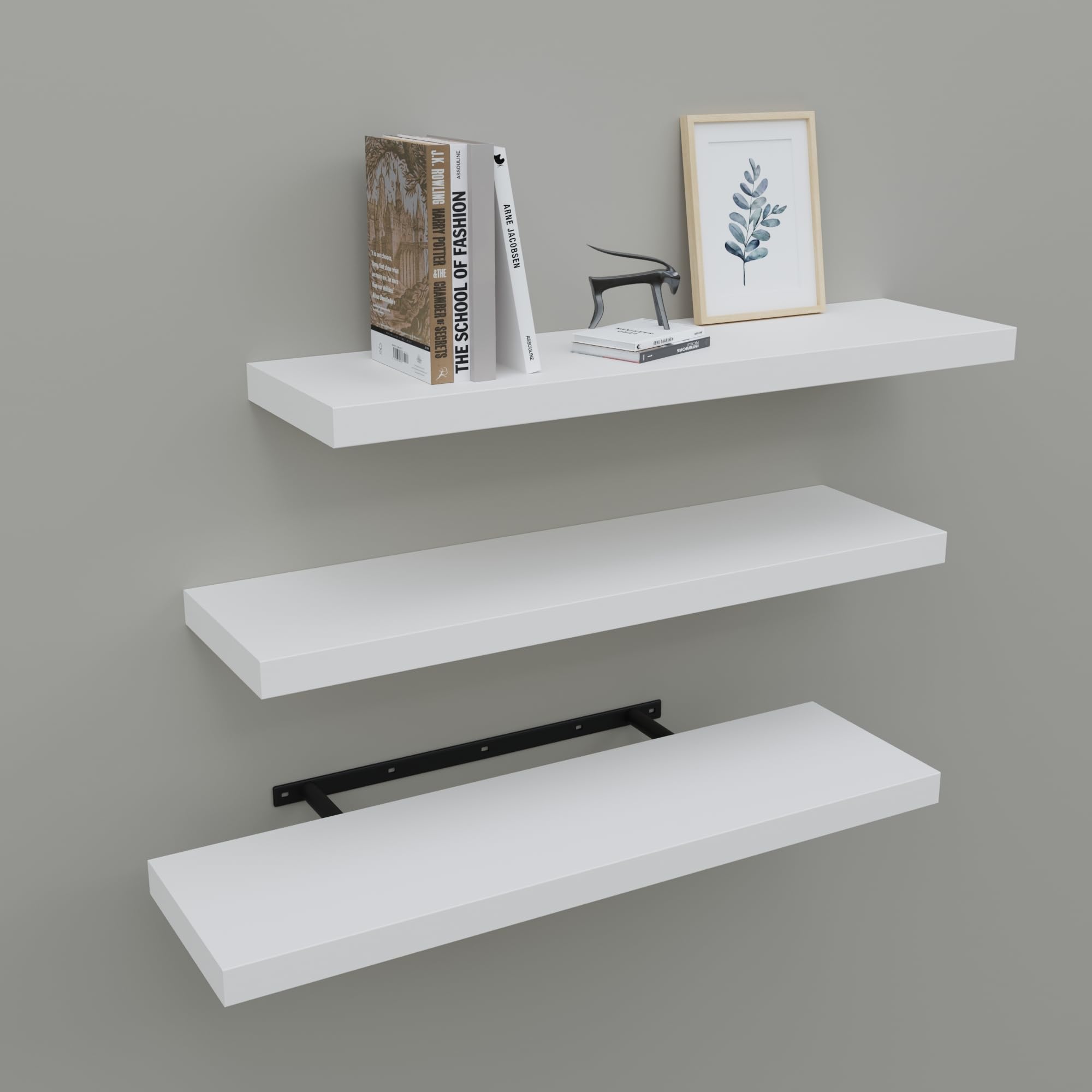Photo 1 of * MISSING HARDWARE AND BLACK BAR DEPICTED* Upassion Floating Shelves for Wall Set of 3, 24" White Wall Shelves for Home Decor, Frame Display White Floating Shelf for Living Room, Bedroom, Bathroom, Kitchen