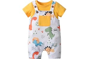 Infant Baby Boy Summer Clothes Short T-Shirt Cartoon Dinosaur Print Overall Suspender Romper Bodysuit Set