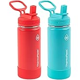 ThermoFlask 16oz Stainless Steel Water Bottle, 2-Pack, Red and Aquamarine