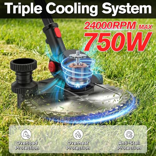 SMILOVII 21V Cordless Weed Wacker Lawn Edger, 4.6lbs Lightweight Battery Powered String Trimmer, 4-in-1 Brush Cutter with Metal Blades, Wire Brush & Guide Wheel for Garden Edging (2 Batteries, 2.0Ah)