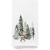 IAFQWDS Green Christmas Tree Deer Kitchen Towels, Christmas Pine Tree Dish Tea Towels, Xmas Winter Forest Reindeer Decorative Hand Towel for Bathroom Kitchen, 16x24 Inch