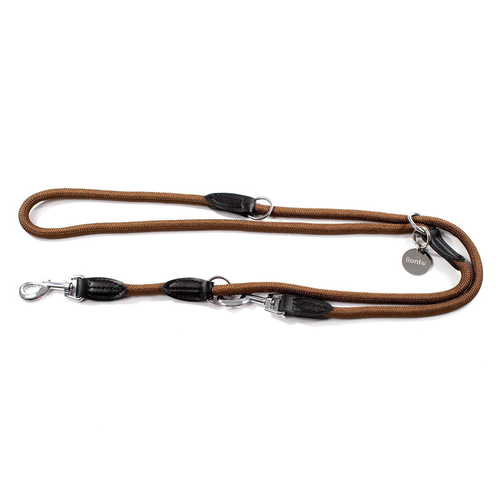 lionto Multifunctional leash adjustable for all dogs, weatherproof shoulder leash up to 200 cm, robust dog lead easy to clean, versatile leash with rustproof stainless steel carabiners, brown