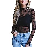 Flygo Womens See Through Floral Lace Layering Top Shirt Blouse Mock Neck Sheer Long Sleeve Mesh Tops