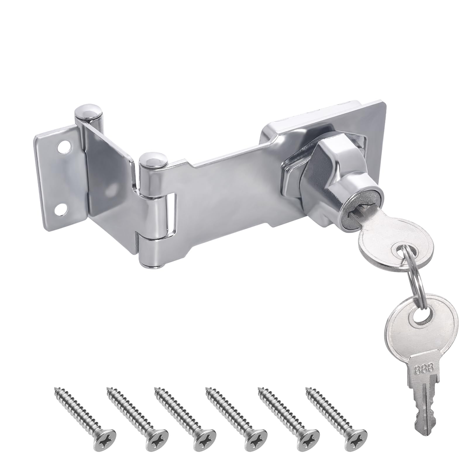 1PC Hasp Locks, 3 Inch Silver 90/180 Degree Door Lock Hasp Latch Barn Door Lock, Rotary File Cabinet Lock Double Hinge Hasp with Screws for Cupboard, Barn Door, Outdoor, Garden (Individual Key)