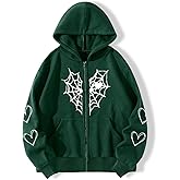 Oversized Y2K Zip Up Hoodie for Women Men Gothic Spider Web Heart Graphic Sweatshirt Punk Harajuku Alt Emo Streetwear