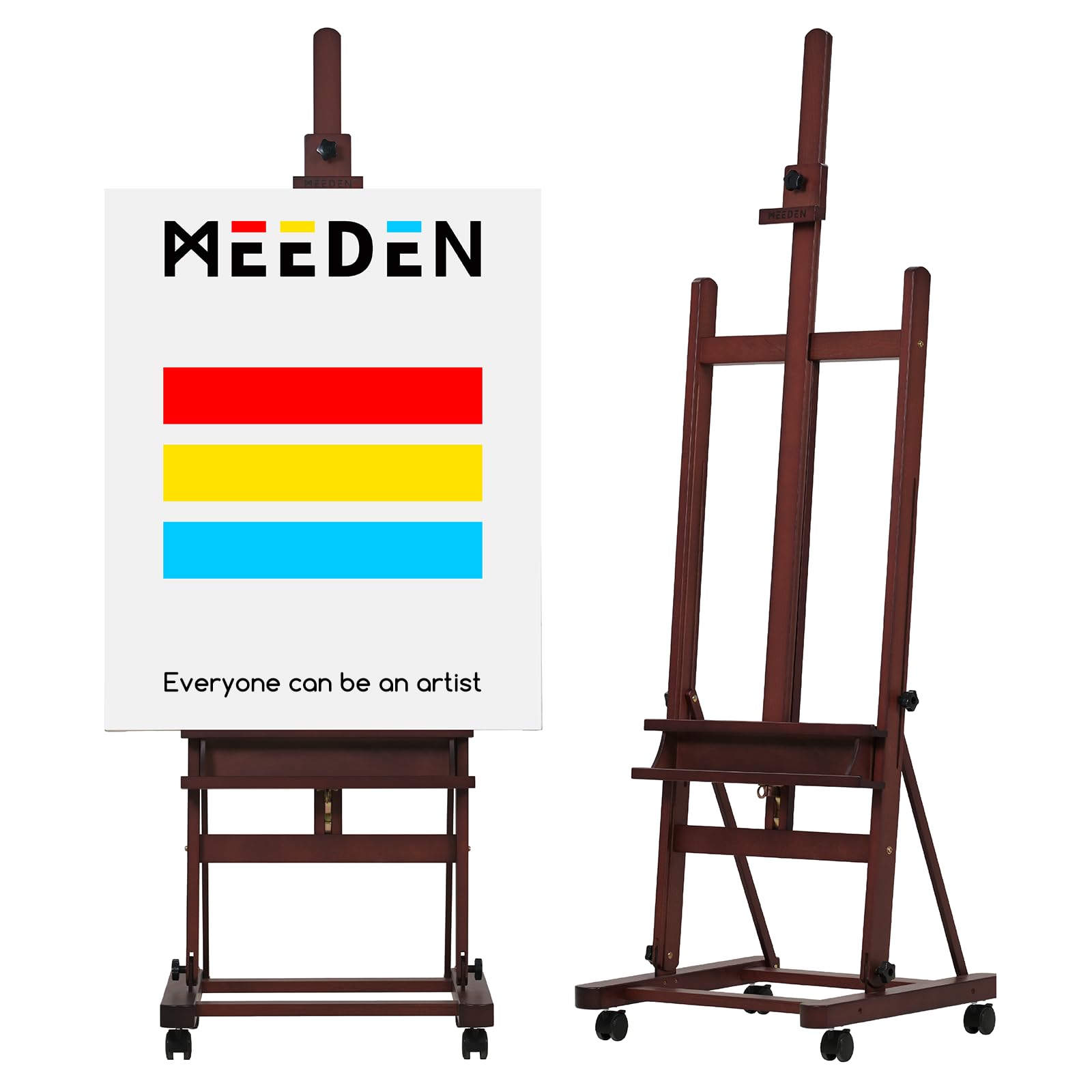 MEEDEN Large H Frame Easel: Heavy Duty Solid Beech Wood Easel Stand for Painting - Adjustable Wood Easel 190 cm to 370 cm, Hold Canvas up to 236 cm with 4 Wheels & Storage Tray