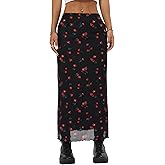 Avanova Women Cute Cherry Mesh Midi Skirt High Waist Lettuce Trim A Line Skirt Cherry Black Large