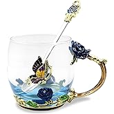 VANUODA Enamels Butterfly Flower Tea Cup,Glass Coffee Mug,Valentines Mothers Day Graduation Birthday Present Christmas Gifts for Women Mom Her Teacher