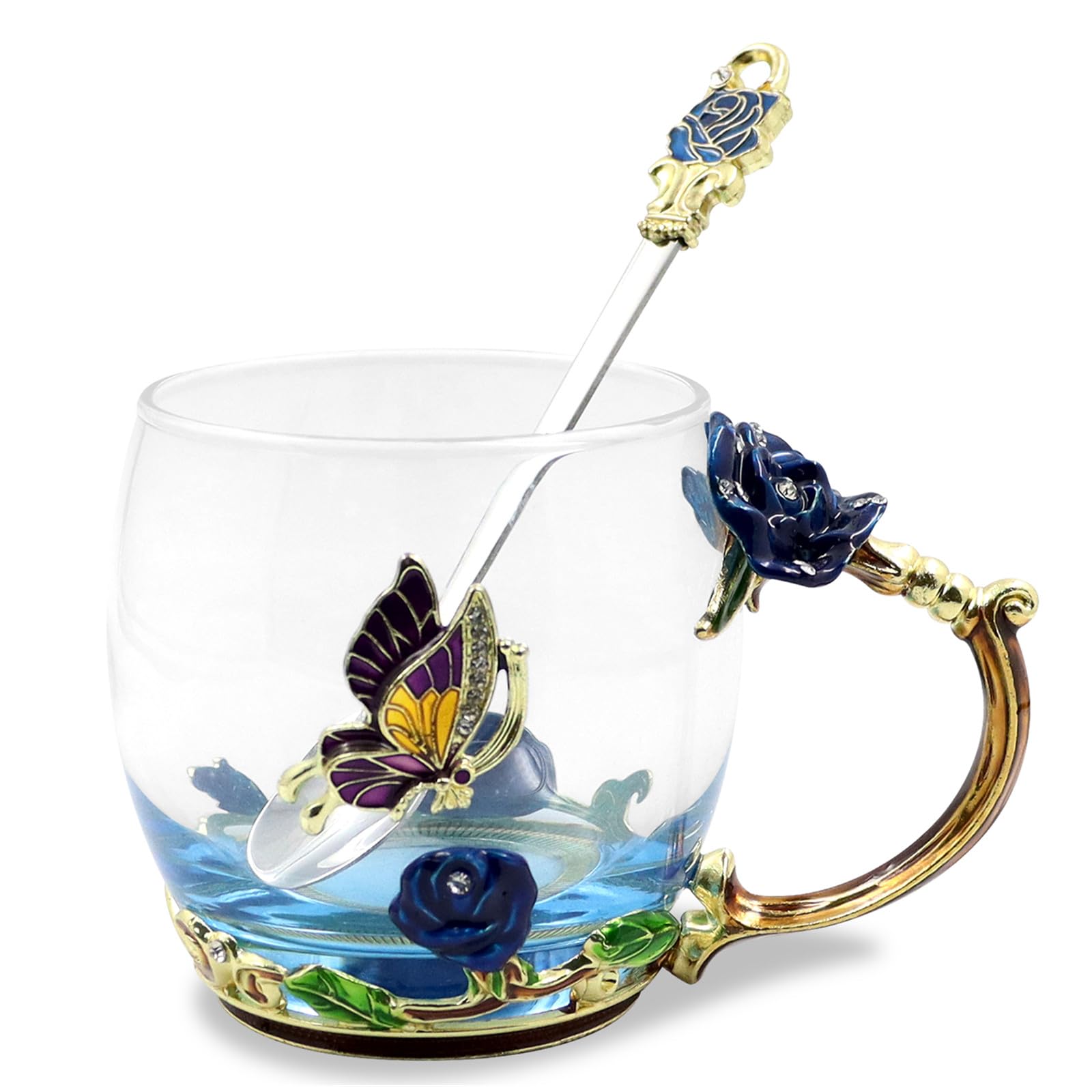 Qinhai Enamel Butterfly Flower Tea Cup Sets,Glass Coffee Mug,Mothers Day Gifts for Mum,Birthday Valentines Graduation Christmas for Women Wife Her Grandma Teacher Friend