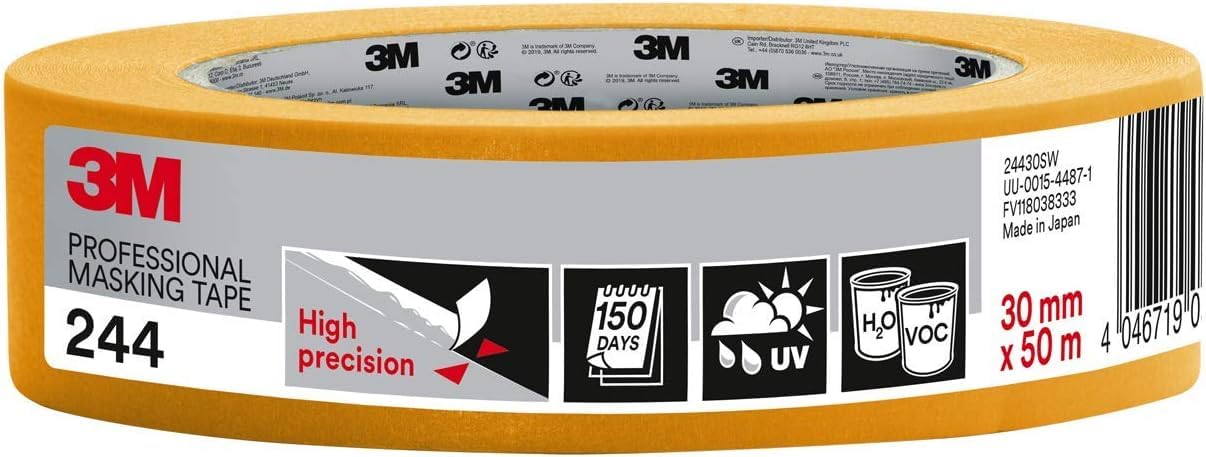 3M Professional Masking Tape 244, High Precision, Painters Tape - 1 Roll 30 mm x 50 m - Universal Surfaces, UV and Water Resistant, For Indoor & Outdoor