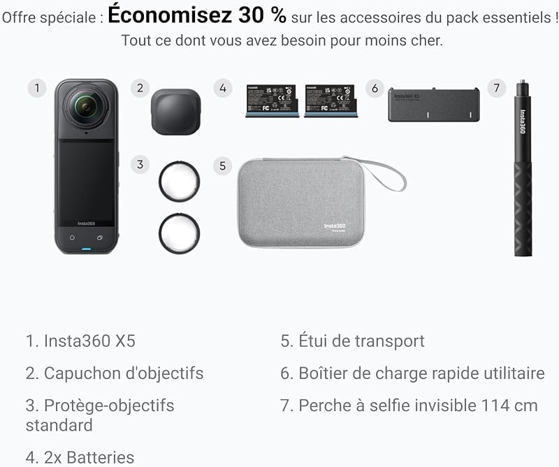 X5 Pack Essentiels - Caméra 360 8K, Double Capteur 1/1,28"