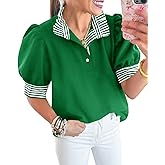 Cicy Bell Womens Summer Puff Sleeve Blouses Casual Dressy Ruffle V Neck Tops Color Block Striped Loose Fit Button Polo Shirts