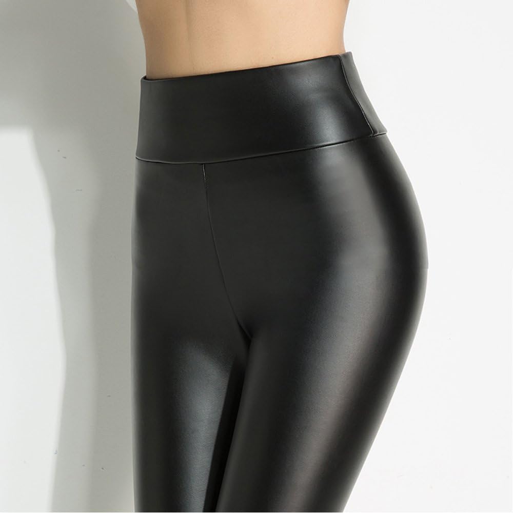 hitueu Women's Faux Leather Leggings High Waist Leggings Pants Tights Treggins Leggins Faux Leather Leggings Leather Look Waist-high Black - Image 3
