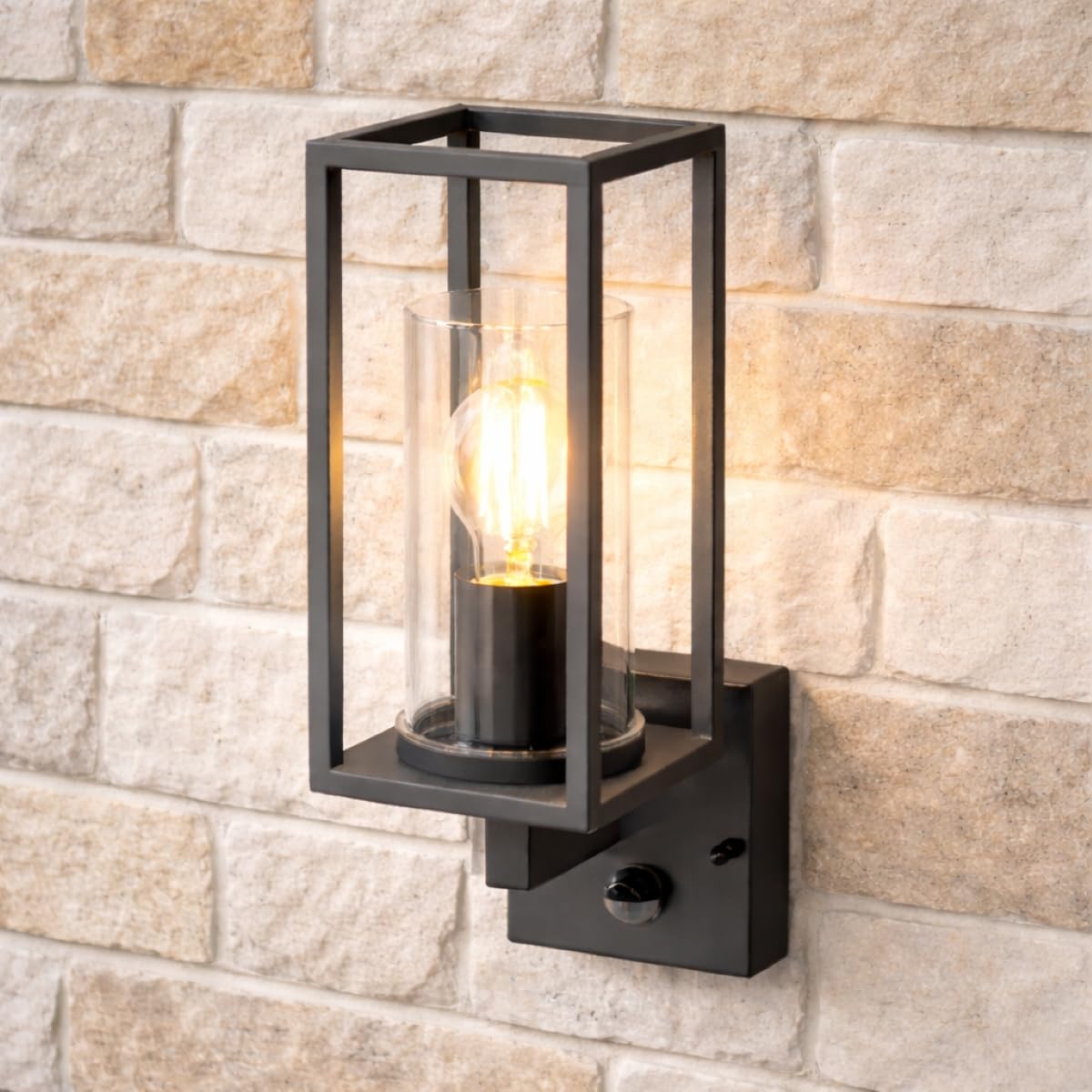 CGC Lighting Outdoor Outside Wall Light Black Modern, E27 Bulb, Mains Powered, Garden, Porch, Patio (Black PIR)