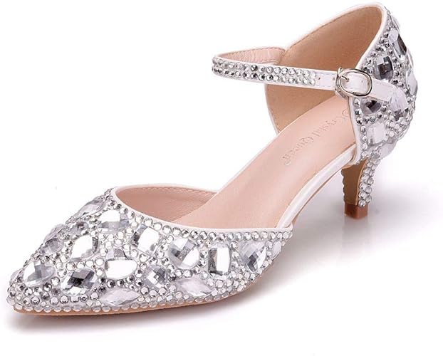 Amazon.com | Crystal Queen 2.15' Women Thick Heel Mary-Jane Sandals Kitten Heel Pointed Toe 