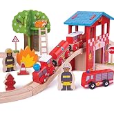 Bigjigs Rail Wooden Fire Station Train Set - 39 Play Pieces Multicoloured
