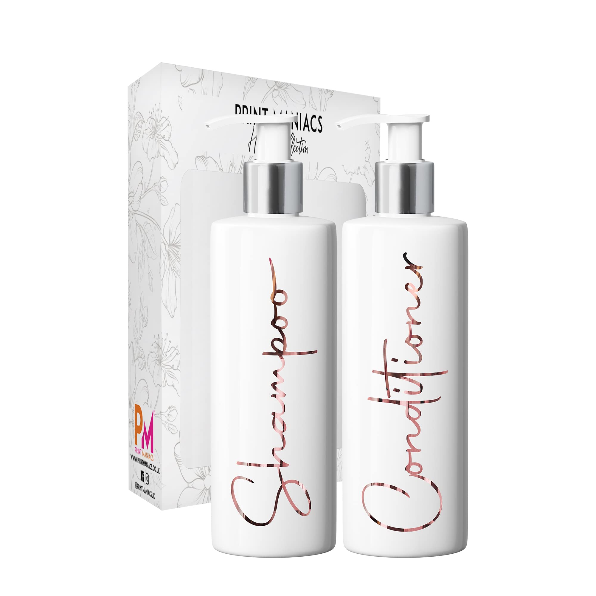 Print Maniacs Mrs Hinch Inspired White Personalised Dispenser Pump Bottles Shampoo Conditioner 2 Set F2 (Rose Gold)