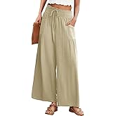 JUYUEO Linen Palazzo Pants for Women Wide Leg High Waist Casual Loung Trousers Beach Travel Vacation Harem Pants with Pockets