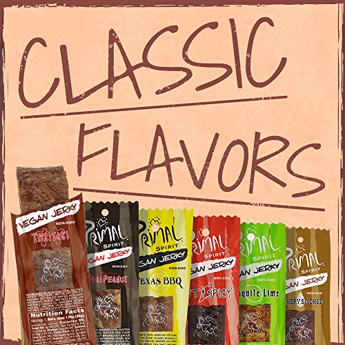 Primal Spirit Vegan Jerky - "Classic Flavor" - Teriyaki, 10 g. Plant Based Protein, Certified Non-GMO, No Preservatives, Sports Friendly Packaging (24 Pack, 1 oz)