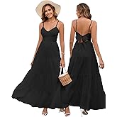 HTZMO Women Casual Summer Floral Maxi Sundress V Neck Spaghetti Strap Bow Tie Backless Flowy Boho Beach Long Dress 2026