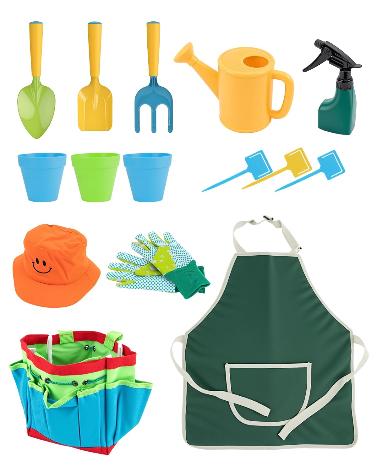15pcs Kids Gardening Tool Set, Outdoor Gardening Set with Tools, Rake, Fork, Trowel, Watering Can, Gloves, Tote Bag & Plant Pots, Fun Garden Gift for Boys Girls Ages 3-12, Blue