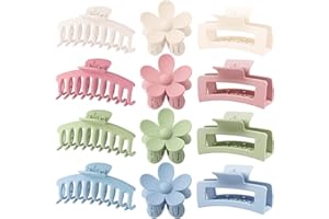 JANFUN Large Hair Claw Clips 12 Pack, Flower Hair Clips for Thin Hair, Big Square Matte Strong hold for Thick Hair, 3 Styles Hair Clips for Women Thick Hair 4 Colors