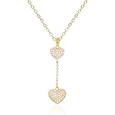 MUSEQVE Pave Double Heart Drop Necklace for Women 14K Gold Plated Cubic Zirconia Two Heart Pendant Y Lariat Necklaces Dainty Cute Jewelry Gifts [2HN]